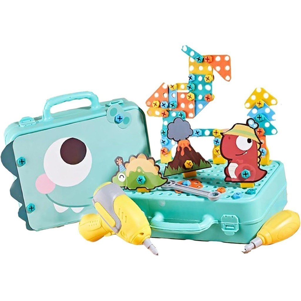 Kit Montagem Caixa de Ferramentas Educativo com Maleta Dino 163 Peças Parafusadeira Elétrica Crianças Brinquedo