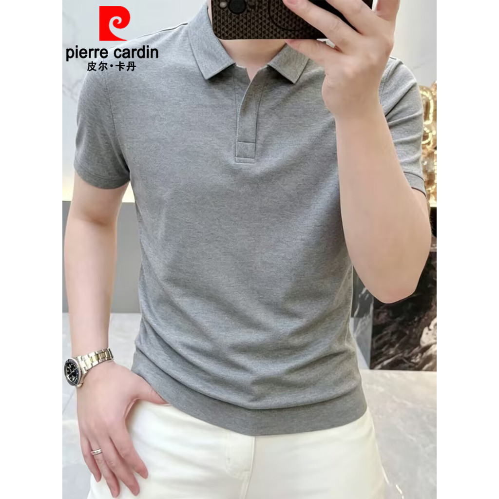 Pierre Cardan luz luxo cor sólida lapela manga curta camiseta masculina verão novo estilo na moda moda único Wear camisa