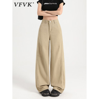 Vfvk coreano luz cáqui calças femininas 2026 novo estilo pequeno Jeans de perna larga solto macacão reto