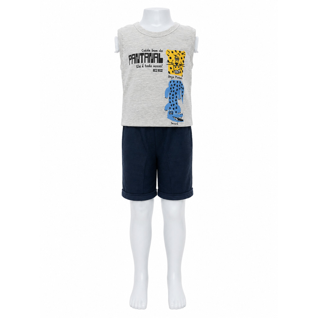 Conjunto Infantil Menino Moletinho Bermuda e Regata Cinza e Azul Tamanho 2 Masculino