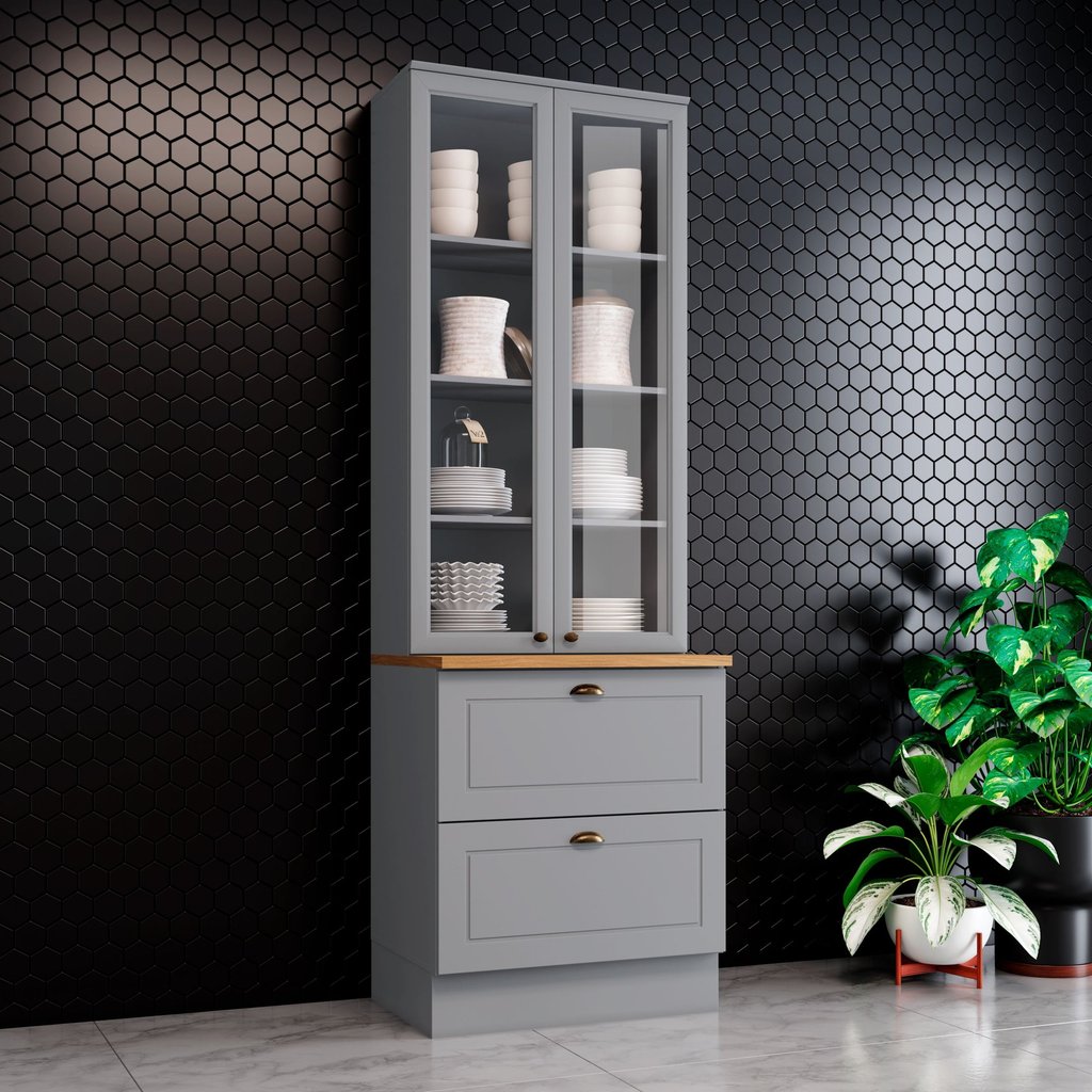 Cristaleira 100% MDF 02 Portas com Vidro Temperado e 02 Gavetas Cinza/Nature Americana  Cinza/Nature