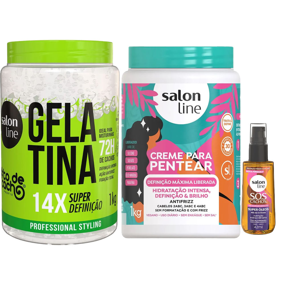 Kit Salon Line Gelatina 1kg + Creme De Pentear Definição Máxima 1kg + Óleo Capilar Super Óleos 42ml