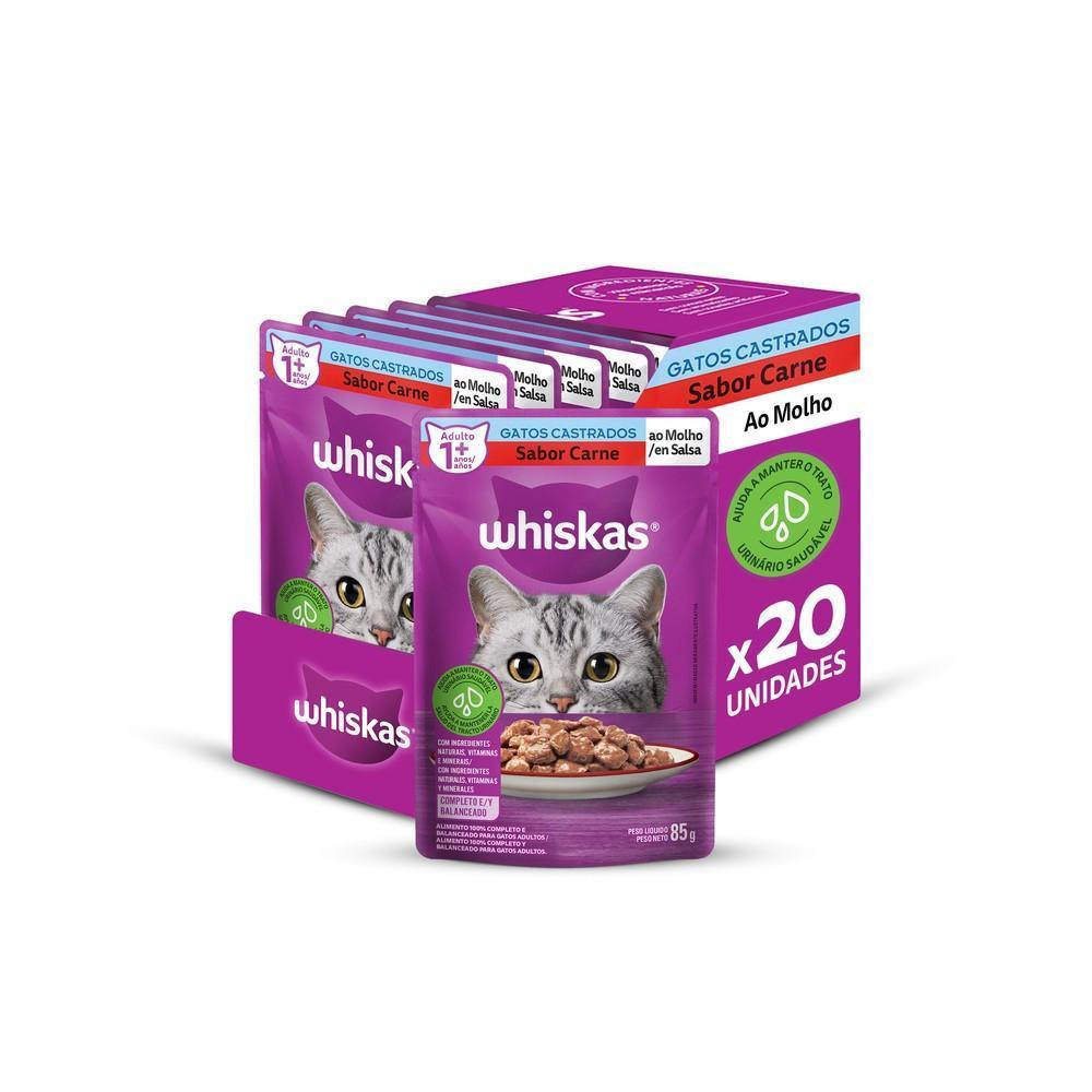 Kit Ração Úmida Carne ao Molho para Gatos Adultos Castrados Sachê 20 Unidades 85g Whiskas