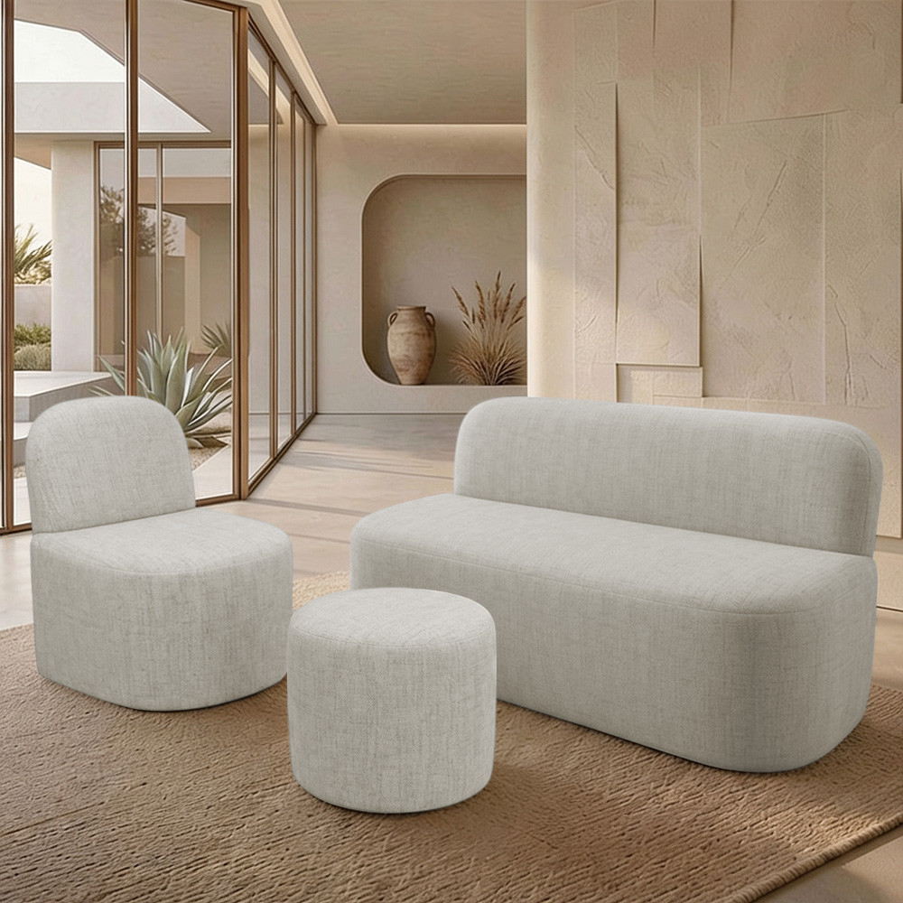 Kit Poltrona Decorativa Lumiere Com Puff Coliseu e Namoradeira Naeris W01 Linho Cru  - Lyam Decor