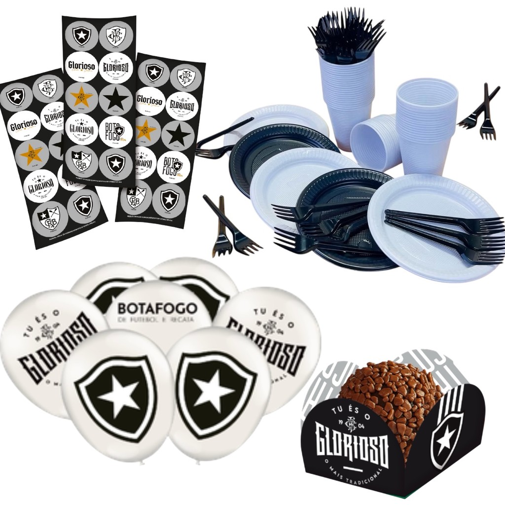 KIT FESTA BOTAFOGO 245 ITENS 50 PESSOAS COPO + PRATO + GARFO + ADESIVO + FORMINHA + BALÃO FESTCOLOR (CHOCO)