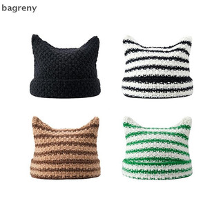 [bagreny] Gorro De Orelha De Gato Fofo Chapéus De Crochê Para Mulheres Meninas Malha Y2K Listrado Inverno Quente Solto A