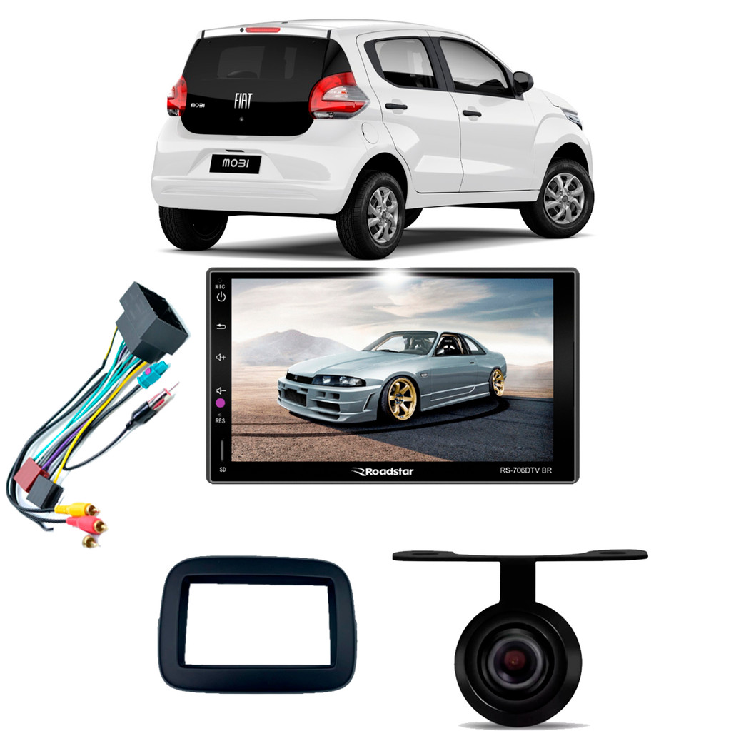 Kit Central Multimídia 7" RS706DTVBR Fiat Mobi 2016 a 2022 sem Som de Fábrica Moldura+Chicote+Câmera