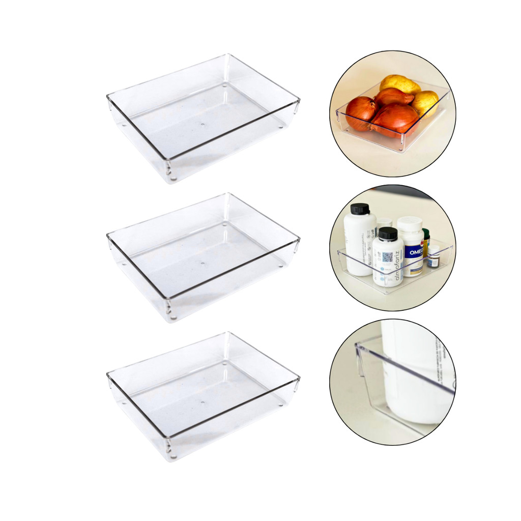 Kit 3 Organizadores de Geladeira Frutas Multiuso 17x23 Resistentes Geladeira Cozinha Armário Quarto