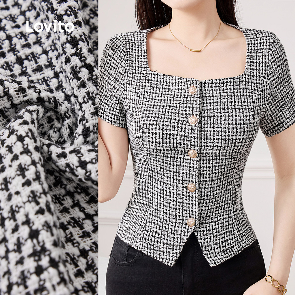 (New) Lovito Blusa Elegante de Botões Primavera/verão Blusa Preta para Mulheres L150ED209 em Oferta na Shopee