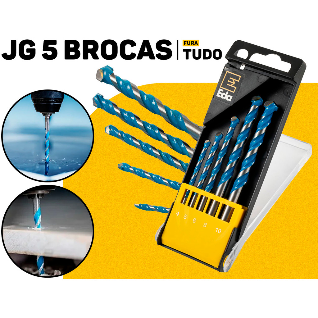 Jogo De Brocas Fura Tudo 5 Pç 4 A 10mm Diamantada Multiuso Universal Madeira Metal Concreto Plástico