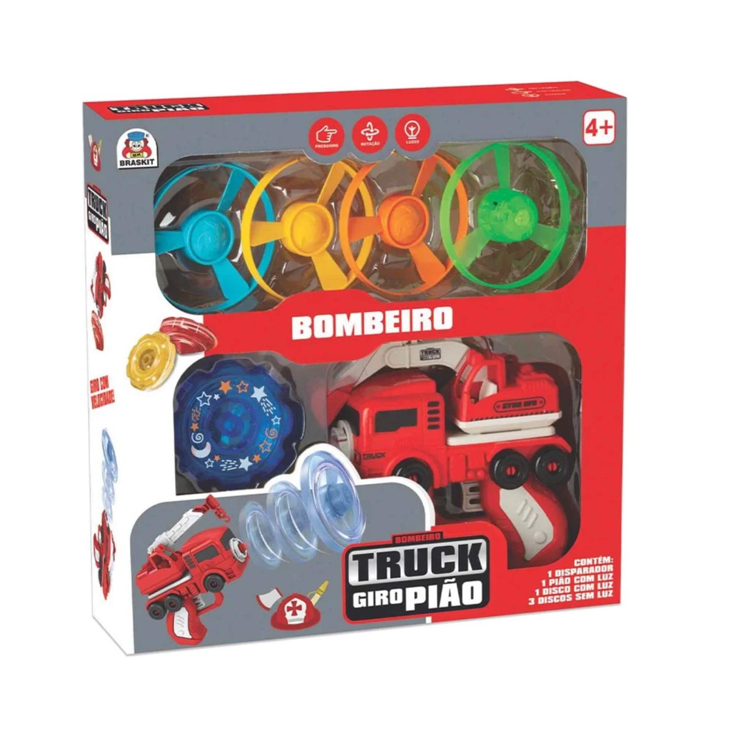 Brinquedo Infantil Truck Giro Pião Bombeiro com 6 Peças Braskit - 2002