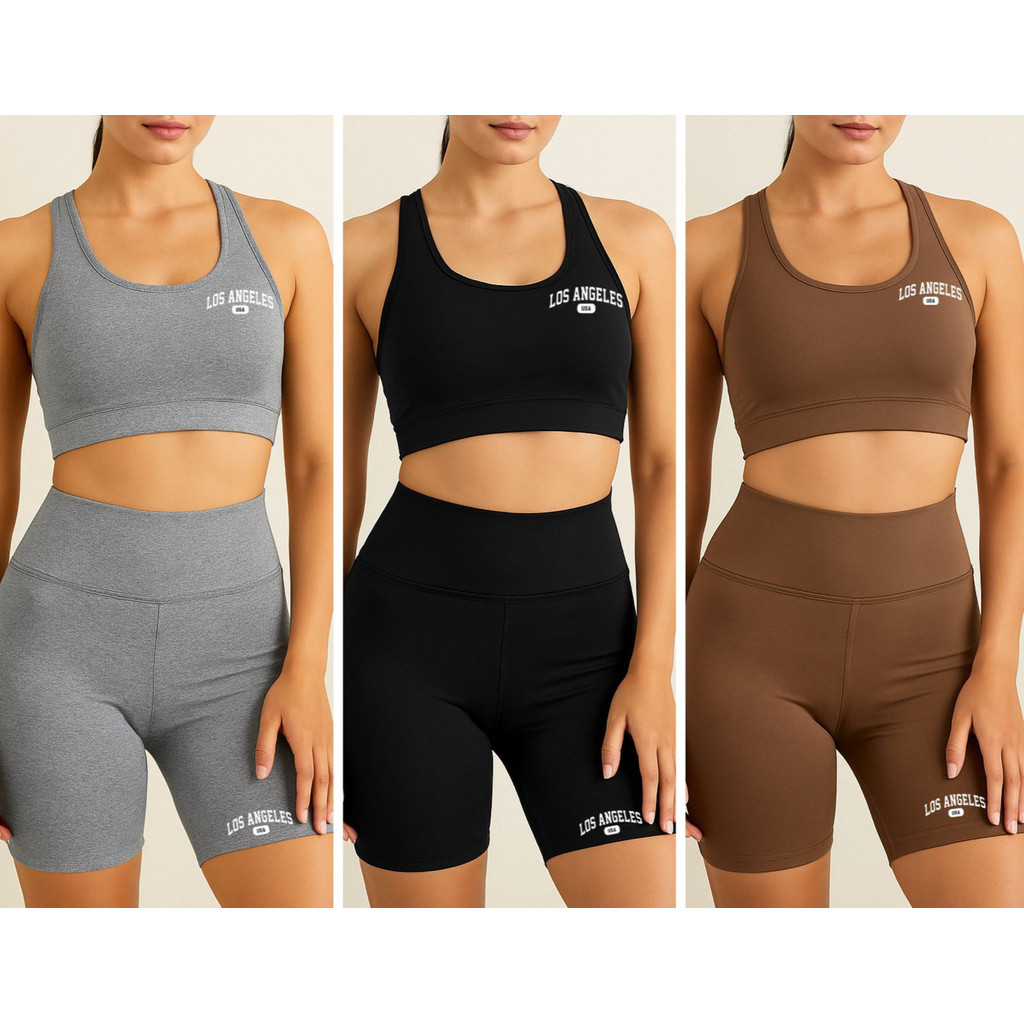 kit 3 Conjuntos Academia   Top e Shorts Feminino Los Angeles em Oferta na Shopee