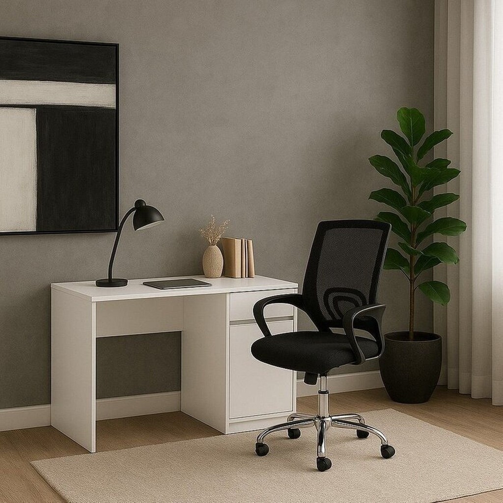 Kit 2 Peças Escrivaninha Office Morada Com Cadeira Escritorio Diretor Tela Mesh Tok Preto Branco