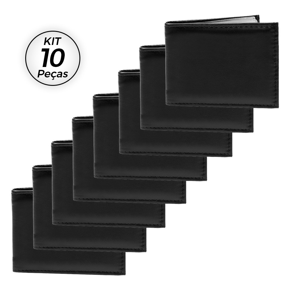10 Carteiras Couro Sintético Slim Masculina Atacado Barato Divisórias Dia a Dia Preto