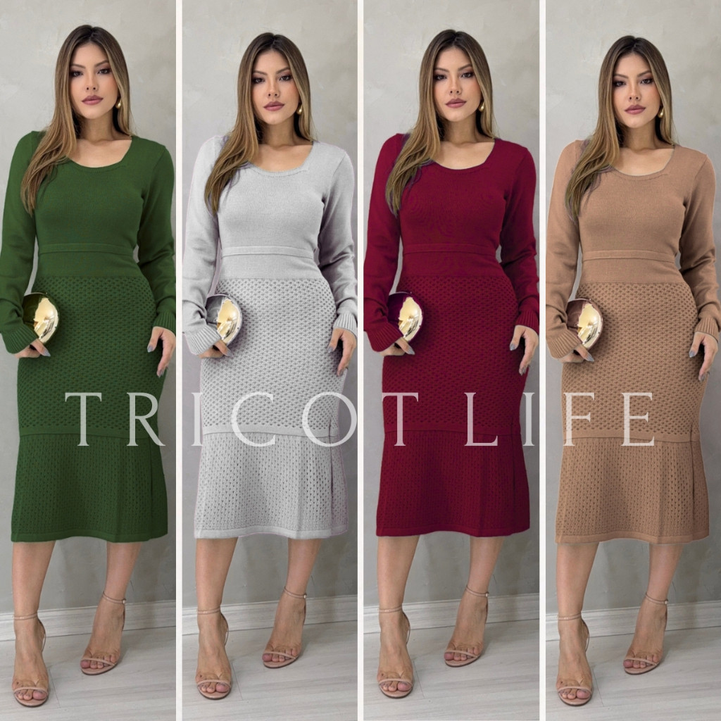 Vestido Feminino Midi Tricot Modal Elegante Inverno Festa Gestante Moda Evangélica Modela Corpo