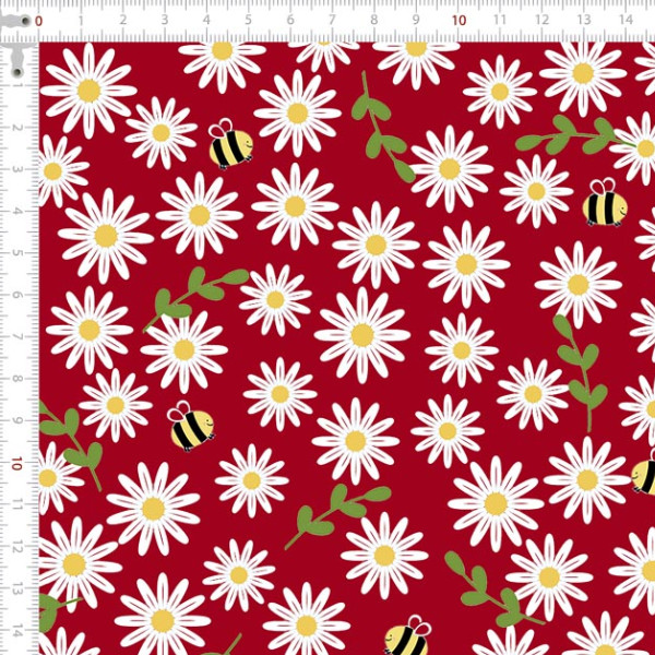 Tecido Tricoline Estampado Abelha e Margaridas Fundo Vermelho Patchwork Inspiração Artesanato