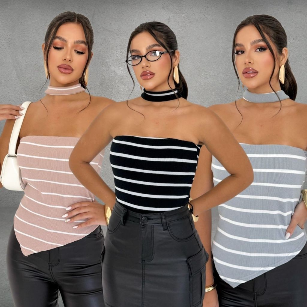 Blusinha Tomara que Caia Assimétrica com gola listrada Malha Canelada Ribana Charmosa Elegante Verão