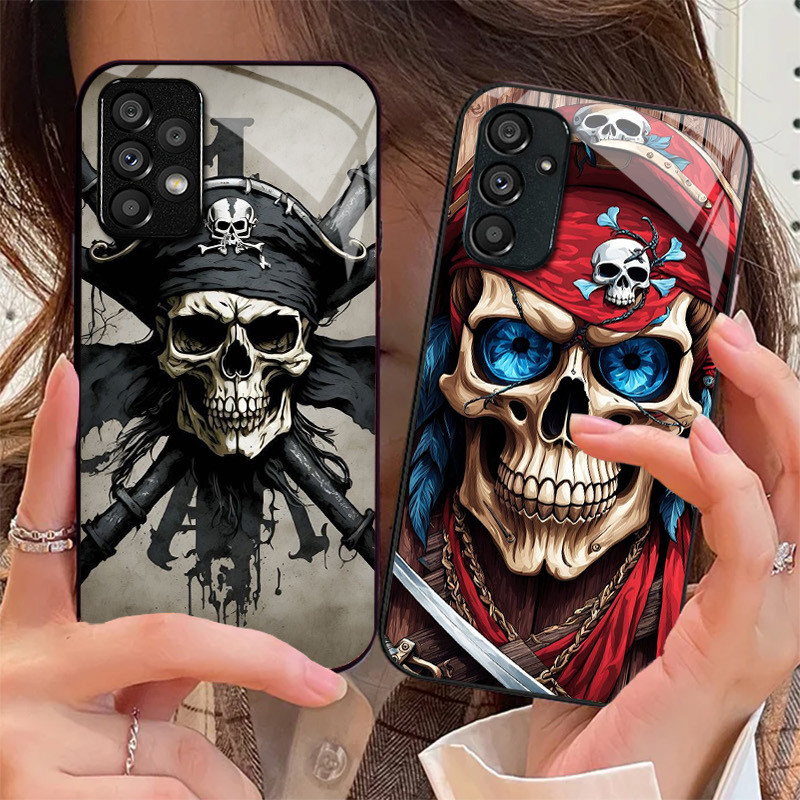 Piratas Crânio Vidro Caso De Telefone Para Samsung Galaxy A16 A15 A25 A35 A55 A53 A54 A34 A14 A32 A52 4G 5G Capa A56 A54