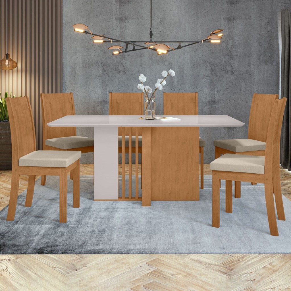 Conjunto Sala de Jantar 6 Lugares Retangular Tampo MDF Mesa Astrid com Cadeiras Athenas Amêndoa Clean/Off