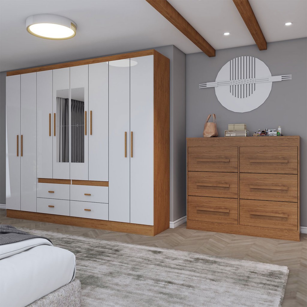 Guarda-Roupa Casal Europa 8 Portas 4 Gavetas e Cômoda 6 Gavetas com Espelho - Panorama Móveis em Oferta na Shopee