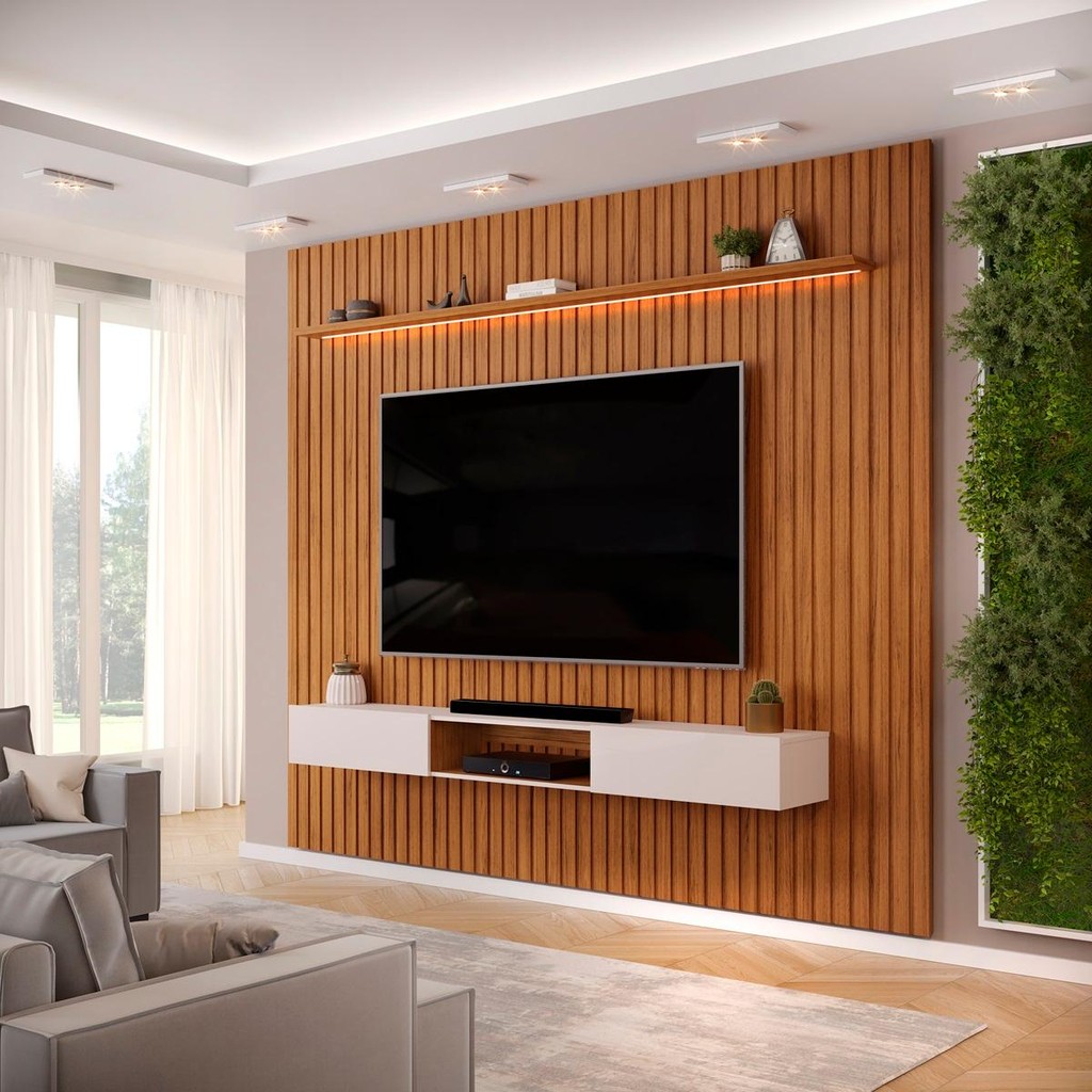 Painel com Bancada para TV até 75 Polegadas Ripado com LED DJ Móveis Trento 275 Freijó Off White em Oferta na Shopee