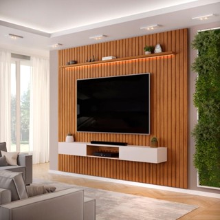 Painel com Bancada para TV até 75 Polegadas Ripado com LED DJ Móveis Trento 275 Freijó Off White em Oferta na Shopee