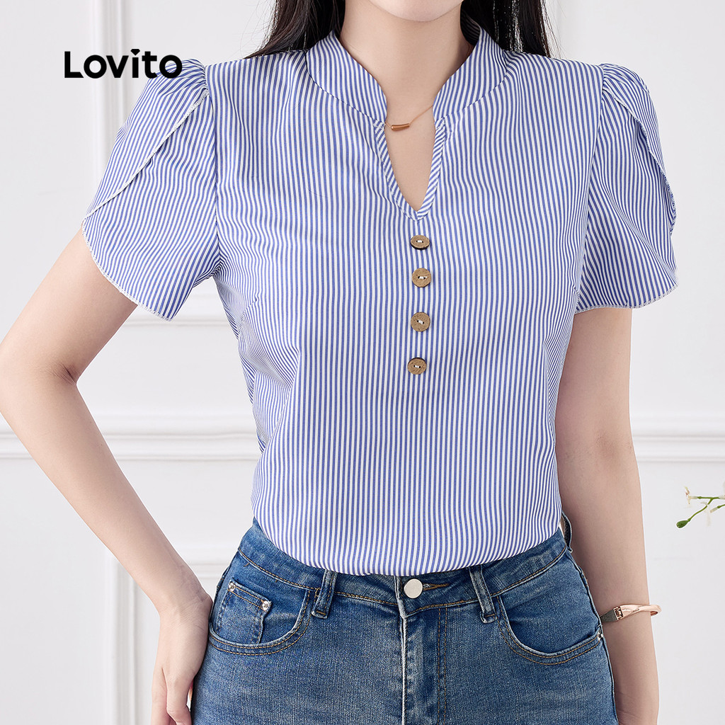 Lovito Blusa Casual de Botão para Mulheres Blusa Azul de Primavera/verão Confortável e Casual L155AD281 em Oferta na Shopee