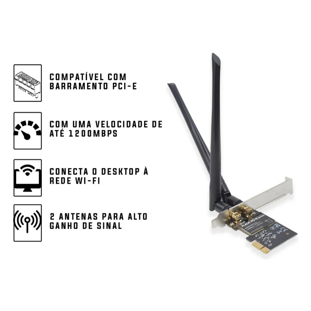Placa Rede Wi-fi Dual Band 2.4/5.2G PCI-E 1200Mbps, Compatível Desktop PC, Win 7/8/vista/10/11