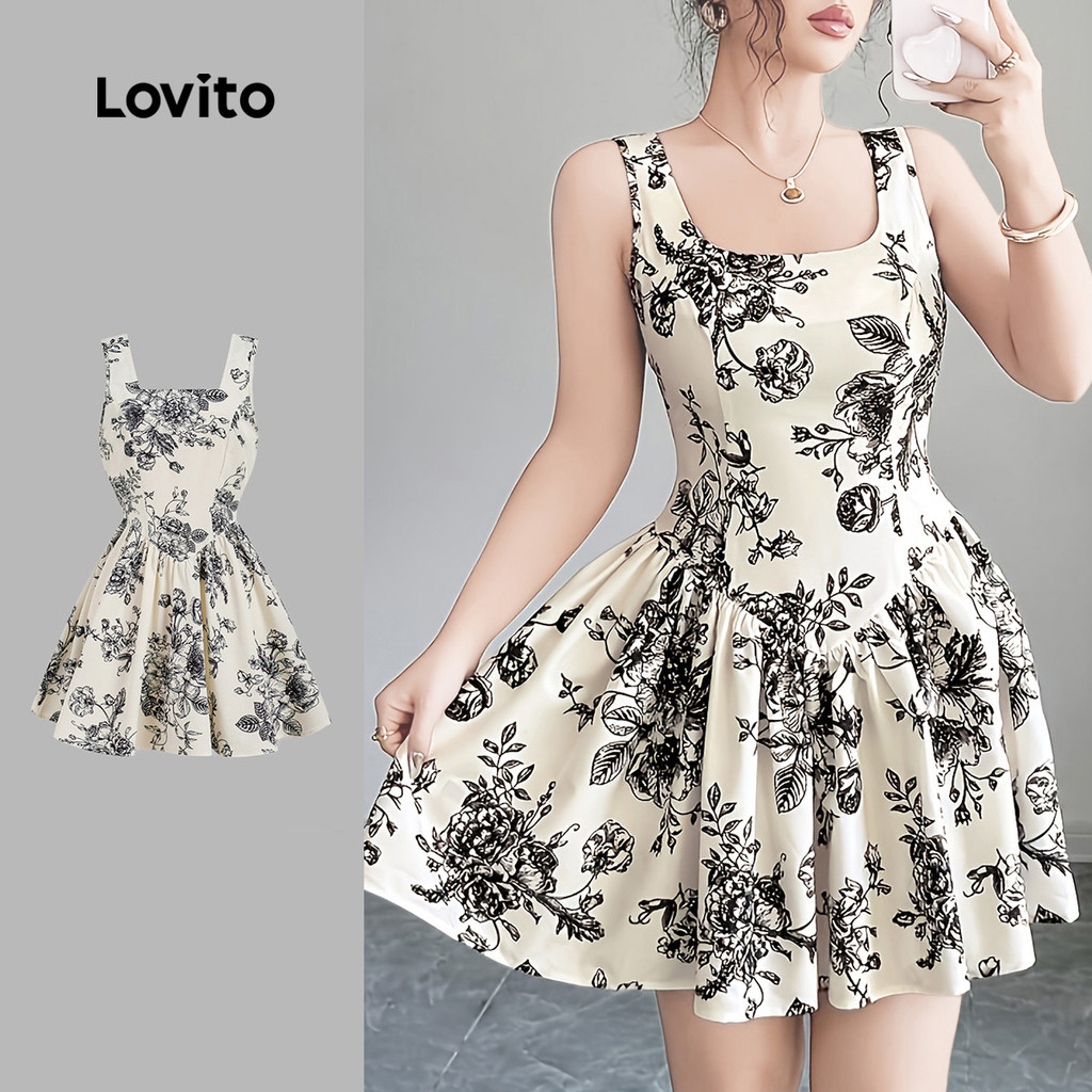 (NEW) Lovito Vestido Boho com Flores Estrutura de Linha Vestido de Primavera/verão para mulheres L155ED1508