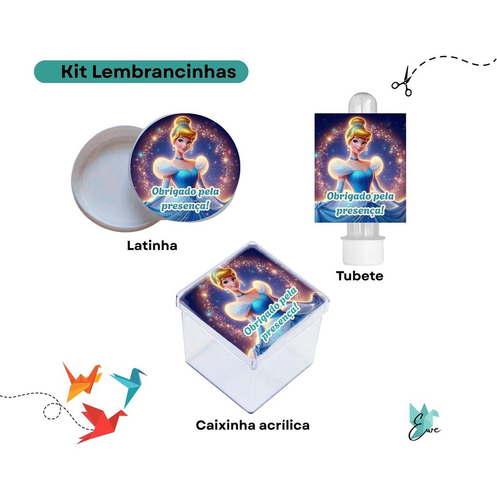 Kit 30 Lembrancinhas Personalizadas Cinderela - Tubete, Caixinha Acrílica e Latinha | Aniversário