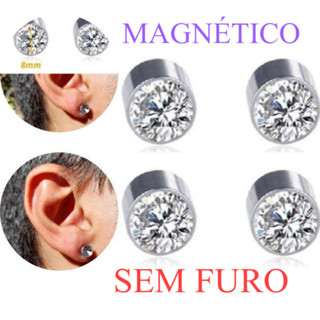 3 Pares Brinco Falso Pressão Sem Furo Magnético Pedra Zircônia 6mm
