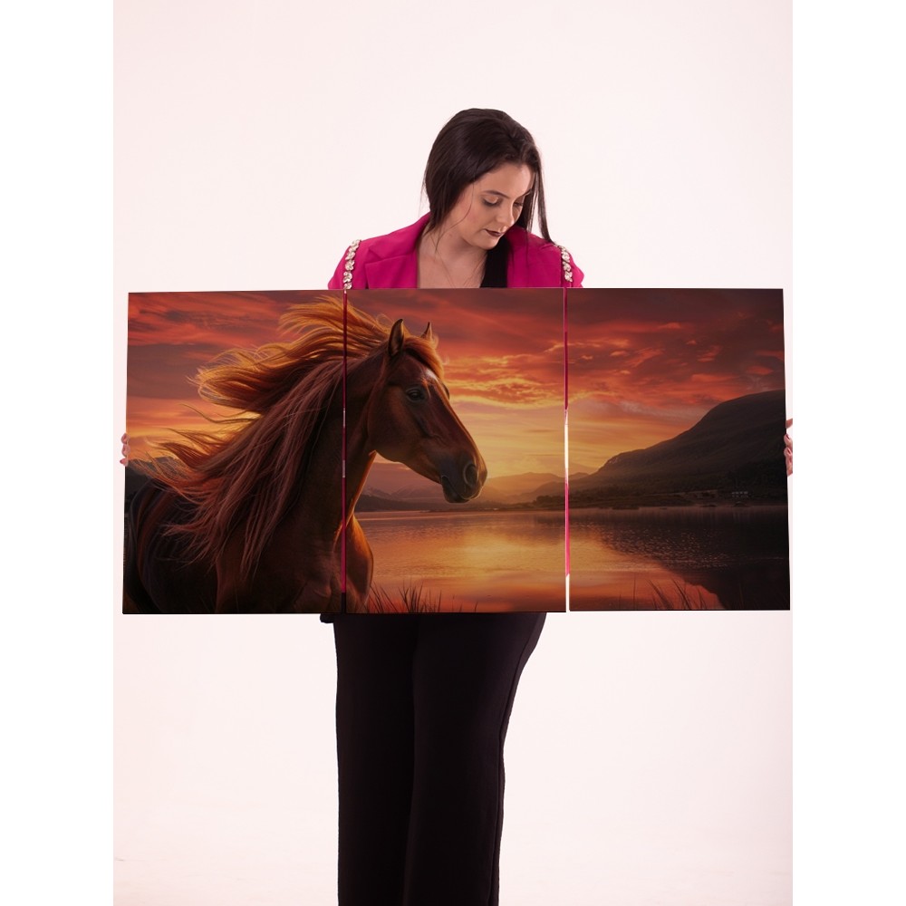 Quadro Decorativo 3 Peças Cavalo Majestoso em Paisagem ao Pôr do SoL Arte em Painel para Sala Quarto