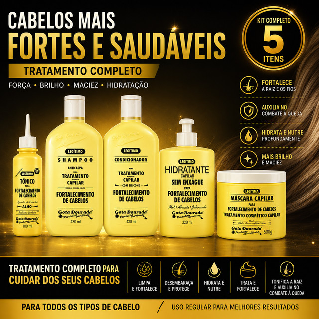 Kit Shamp+Cond 430ml + Máscara 500g + Creme 320g + Tônico 100ml Tradicional Gota Dourada