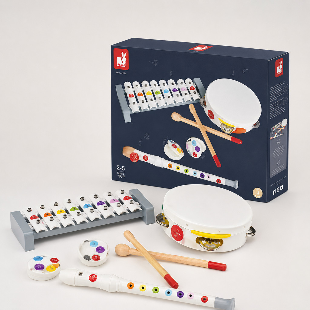 Conjunto Musical Infantil 4 em 1 Confetti Janod Flauta Xilofone Pandeiro Castanholas