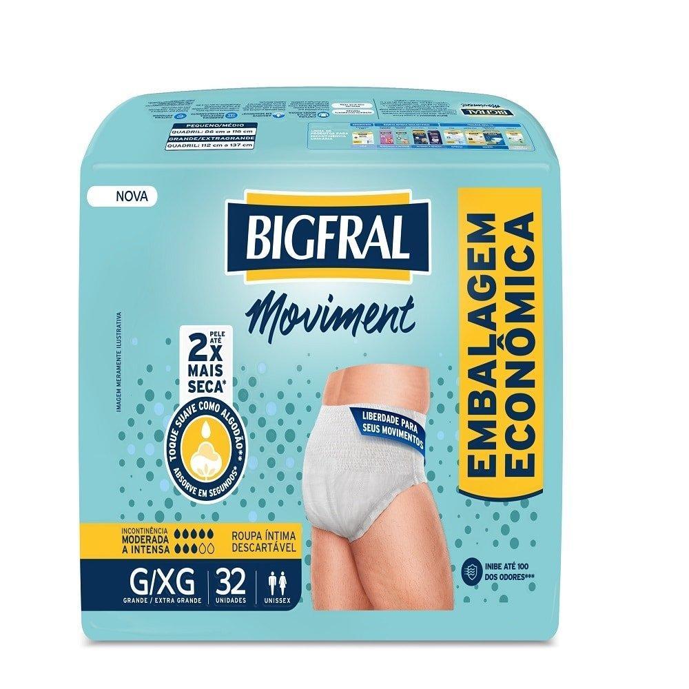 Fralda Descartável Adulto Bigfral Roupa Íntima Moviment Tamanho G/XG - 4 Pacotes com 32 Fraldas - Total 128 Tiras