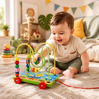 Brinquedo Aramado Educativo Montessori de Madeira Carrinho de Puxar para Bebês Coordenação Motora