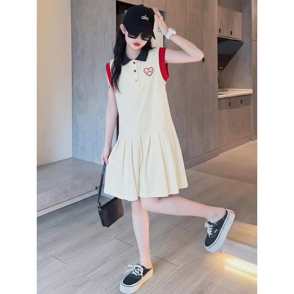 Meninas vestido de verão novo estilo médio grande crianças sem mangas colete saia crianças gola Polo saia estilo Preppy