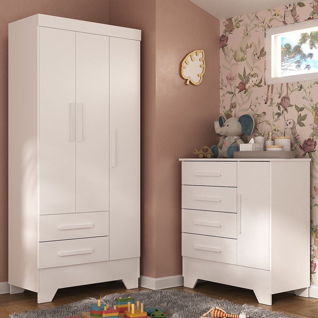 Quarto Infantil Completo Guarda Roupa 3 Portas 2 Gavetas com Cômoda Selene Branco Branco