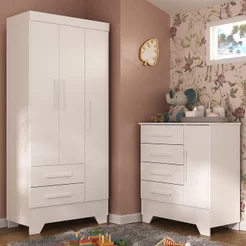 Quarto Infantil Completo Guarda Roupa 3 Portas 2 Gavetas com Cômoda Selene Branco Branco