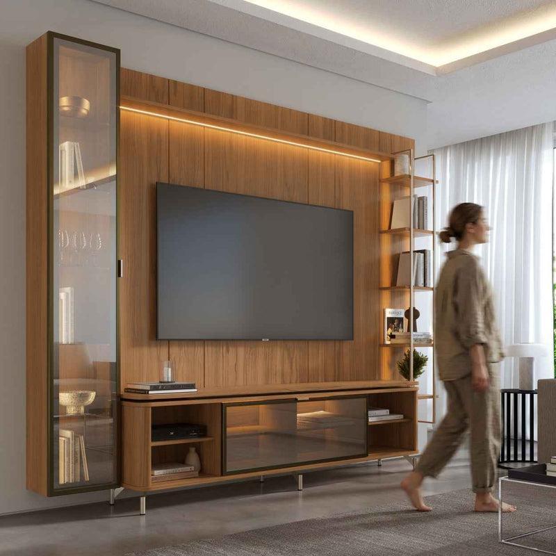 Rack com Painel para TV até 85" 6 Prateleiras e Cristaleira 1 Porta Vidro Reflecta e LED Lincoln Float 291cm – Canella