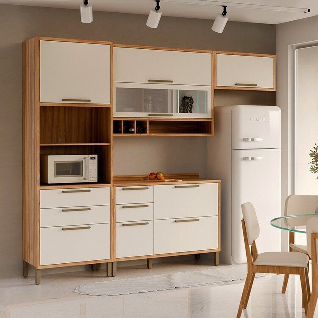 Cozinha Compacta Modulada 100% MDF 4 Peças 7 Portas 5 Gavetas e Vidro 274cm Vicenza Espresso Móveis Branco/Amêndoa