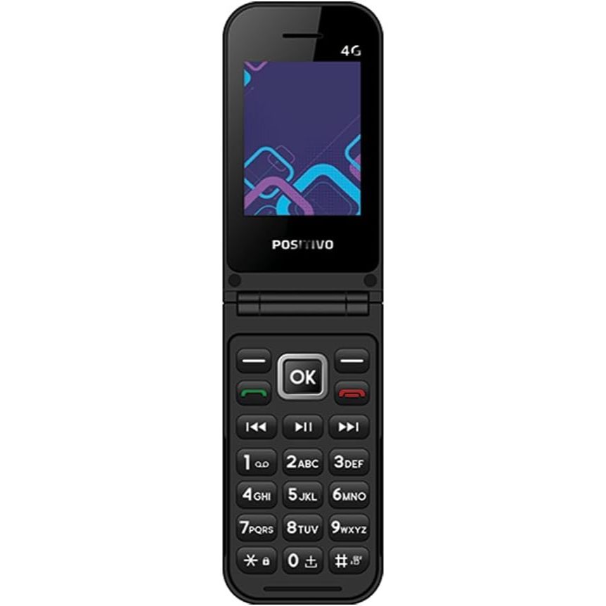 Celular POSITIVO P51, Flip, Função Modem, 4G, Câmera Traseira, Tela 2,4” LCD, Rádio FM, Botão SOS, Dual SIM Preto
