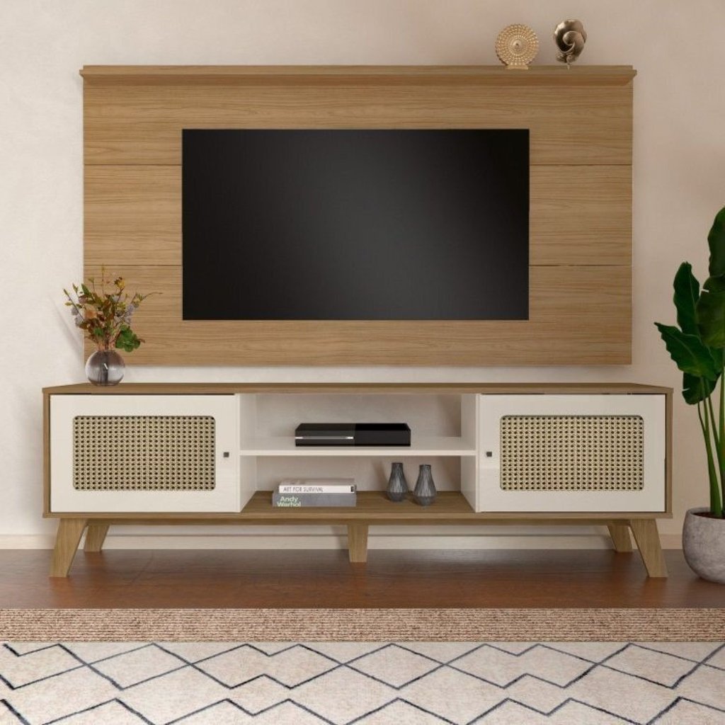 Rack com Painel para TV até 60 Polegadas MDF 180cmx153cm Universal Memphis Branco Carvalho/Off White Carvalho/Off White