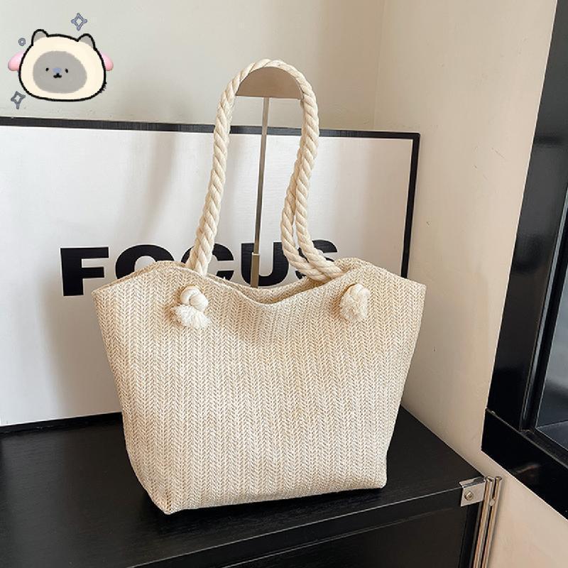 Sacola De Palha Tecida Feminina , Bolsa De Ombro De Praia De Verão De Grande Capacidade Compras Diária Casual Leve Nas A