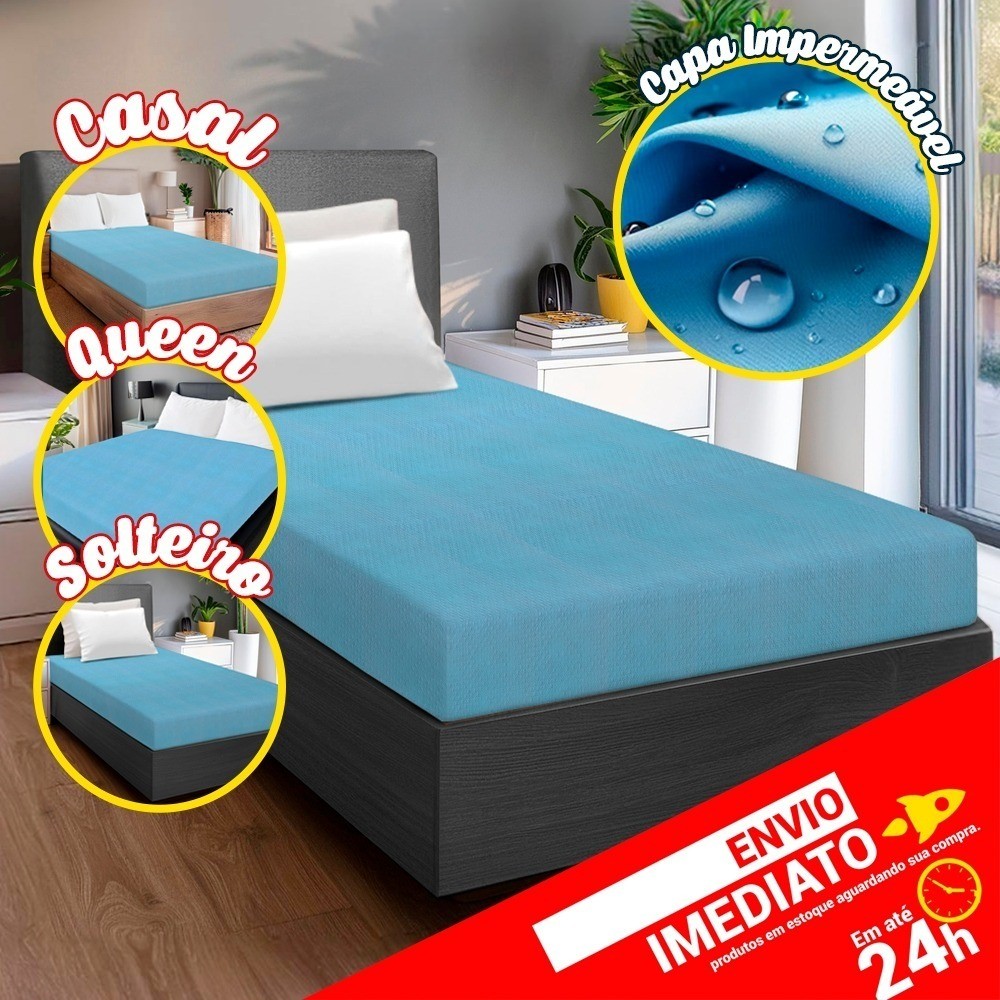 Capa Protetora de Colchão Azul Impermeável p/ Cama Box Solteiro Casal Queen Elástico Forro