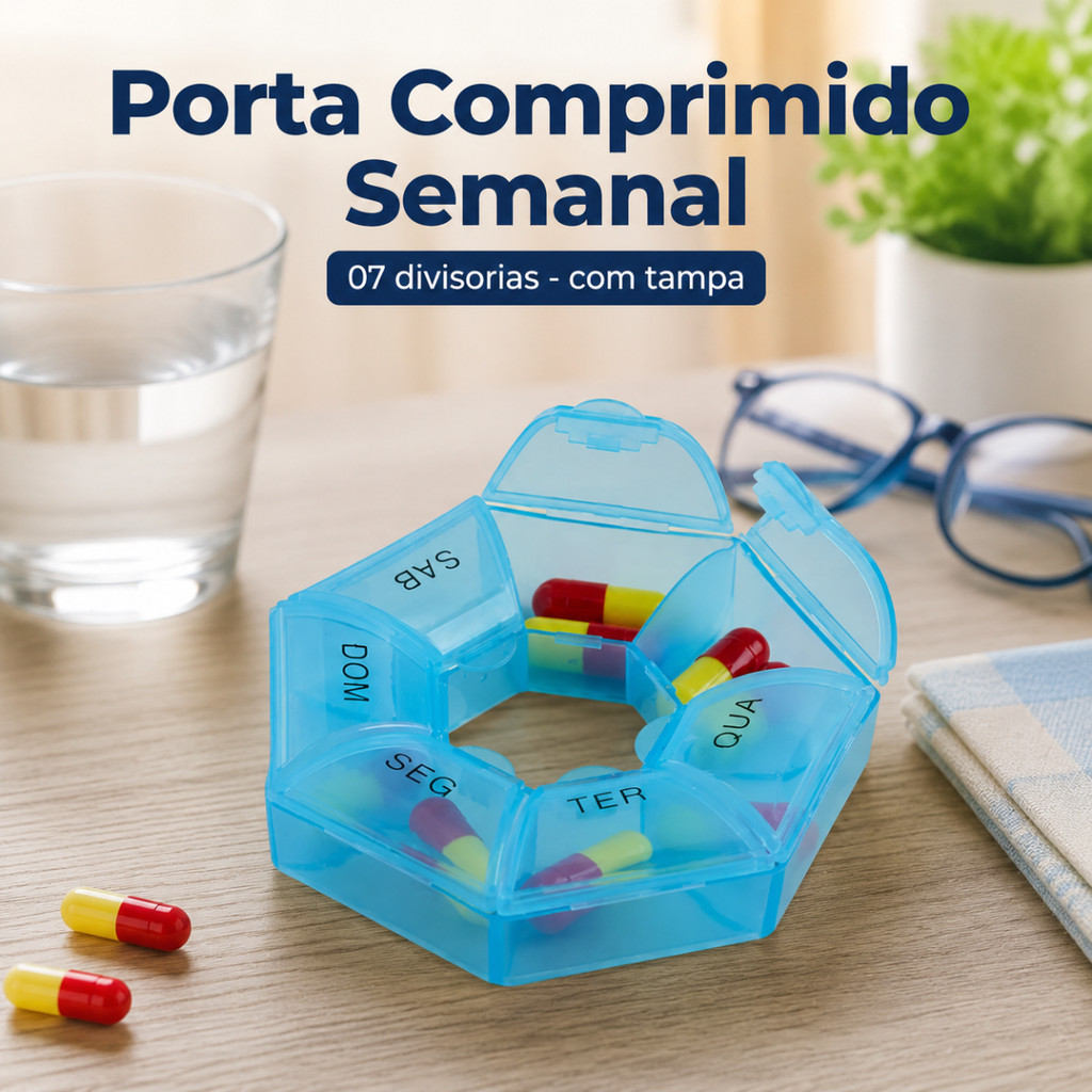 Porta Comprimido Organizador Remedio Semanal 7 divisorias com Tampa Plástico Resistente Atóxico