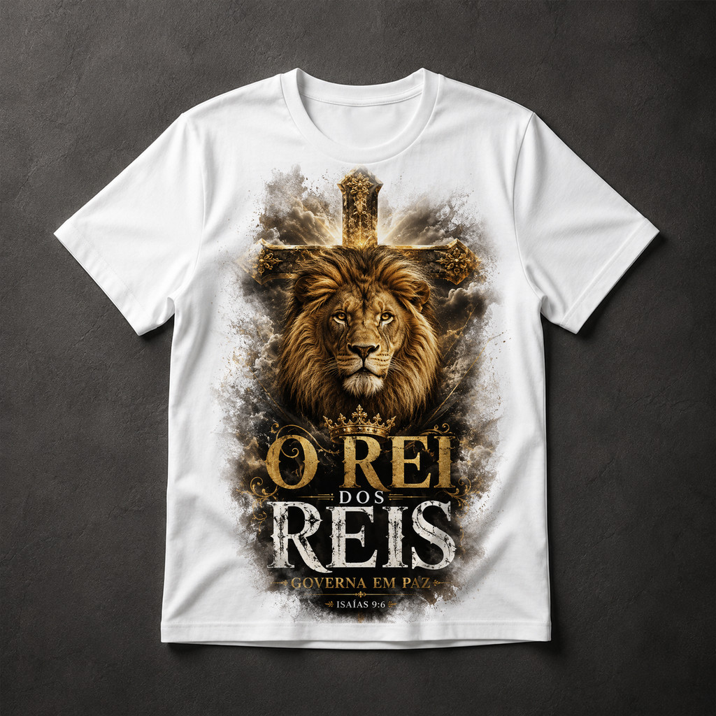Camiseta Rei dos Reis Governa em Paz Isaías 9:6 Leão Cruz Religiosa