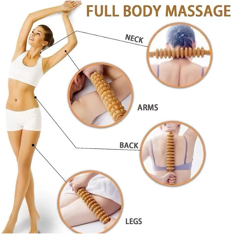 Massageador de Rolo Espiga Madeira 9 Rodas - Modelador Corporal Relaxante