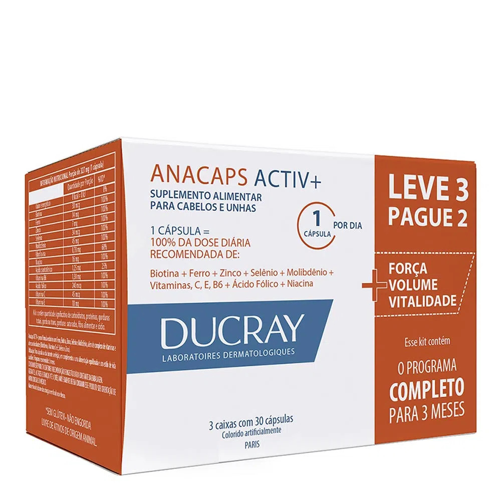 Kit Suplemento de Vitaminas e Minerais Ducray Anacaps Activ+ 90 Cápsulas