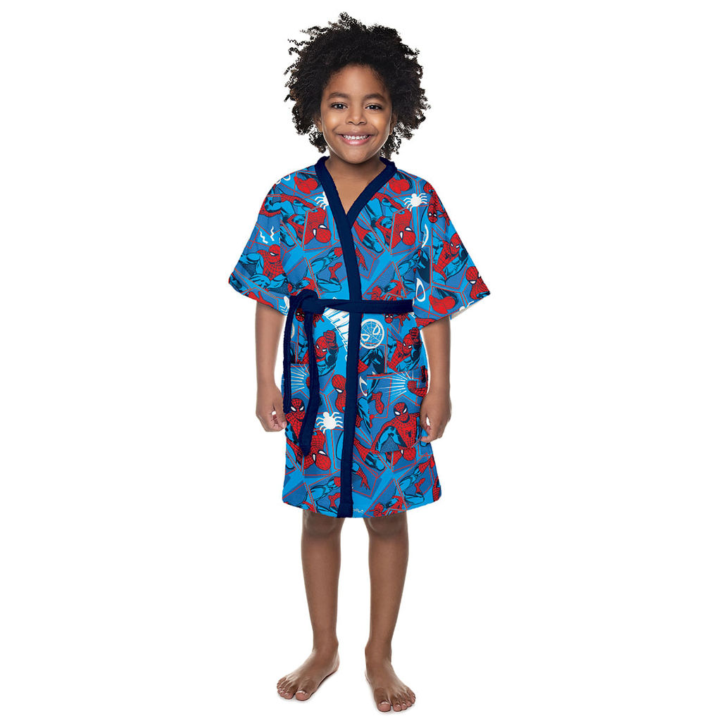 Roupão de Banho Infantil Lepper Spider Man Quimono Aveludado Azul Tamanho P